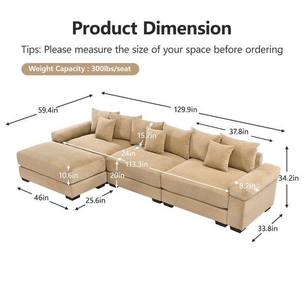 English Elm 130" Oversized Modular L-Shaped Sectional Couch In Cozy Camel Corduroy With Ottoman & 9 Pillows W714S01308