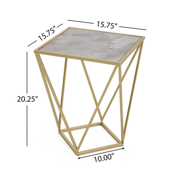 English Elm Creative Tempered Glass Top Side Table Gold Iron Frame Modern Glam Accent Piece N770P234478G
