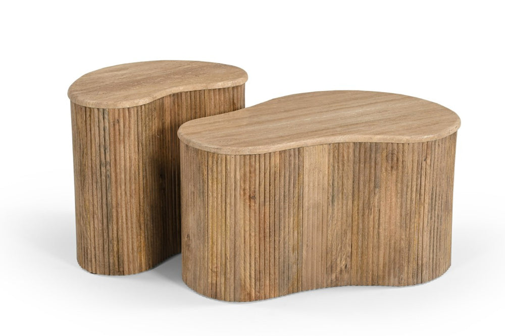 VIG Furniture Modern Matador Travertine & Mango Wood 3-Piece Freeform Coffee Table Set — Sculptural, Natural Elegance VGBR-SBA-2409-2408-2412-SET