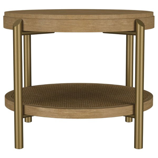 English Elm Benson Round Coffee and End Table Set with Brass Legs Rattan Shelf Accent Sand B062S01402