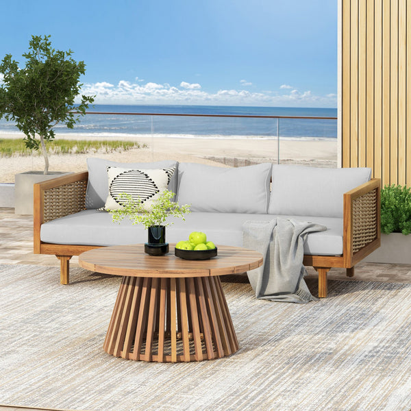 English Elm Christopher Knight Home® - Patio Claremont 3-Seater Daybed With Acacia Wood Table - Stylish Comfort For Outdoor Lounging & Gatherings N770P234486T_N770P205570L
