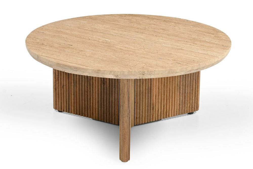 VIG Furniture Pawnee Travertine Marble Round Coffee Table With Ribbed Mango Wood Base, 30.75" Modern Centerpiece VGBR-SBA-2706-78