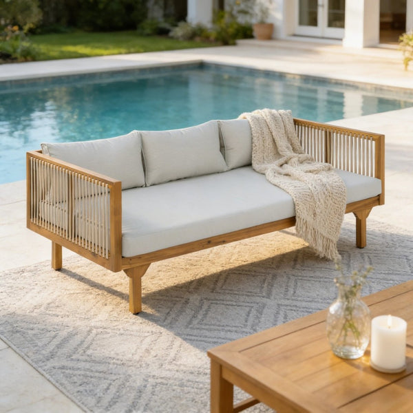 English Elm Outdoor Acacia Wood Sofa with Woven Rope Accents Teak Finish Patio Seating N770P354675L