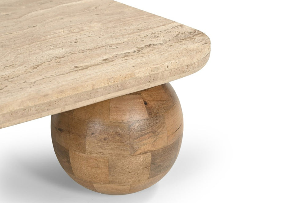 VIG Furniture Seadrift Travertine Marble Coffee Table With Sculptural Mango Wood Legs, 35.5" Square Modern Centerpiece VGBR-JTI-2569