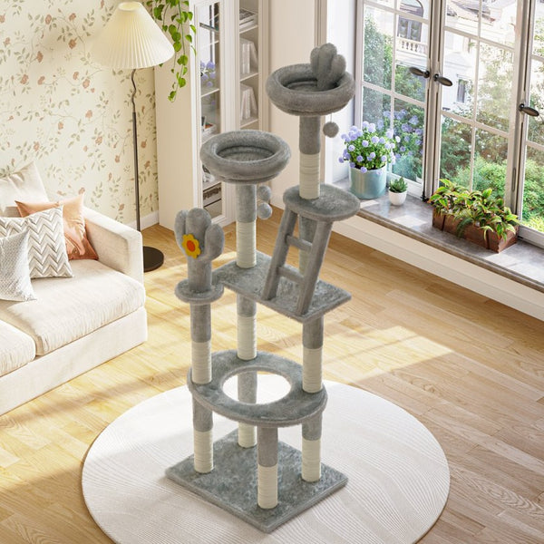 English Elm 72in Cactus Cat Tower Sisal Posts Plush Perches Capsule Pod Multi-level Climb Gray W1578P447629