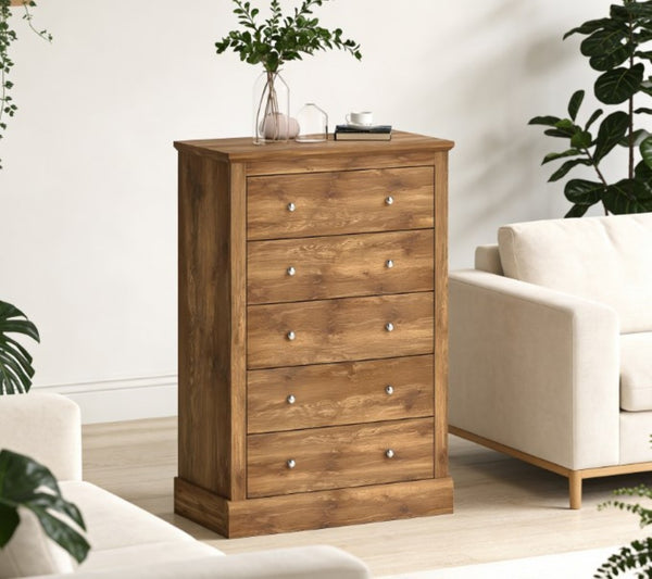 English Elm Dresser Farmhouse Five Drawer Chest Warm Brown Rustic Storage for Bedroom or Entryway T3971P431327