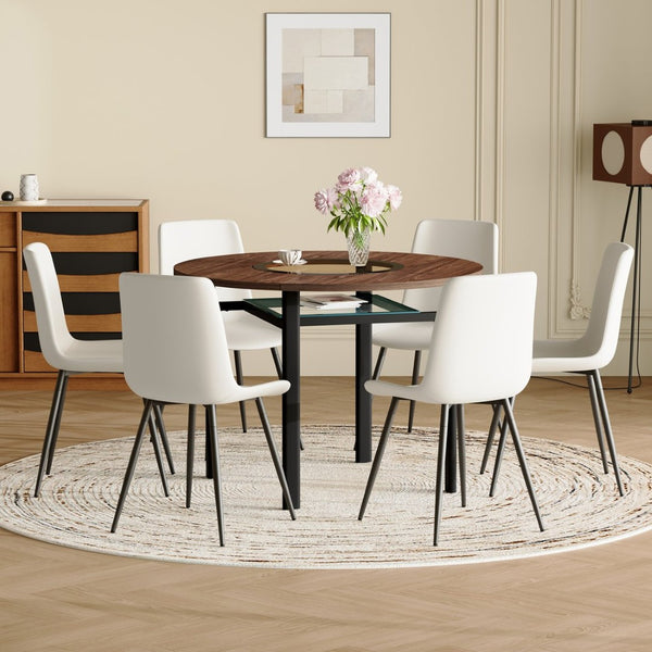 English Elm Table Set 42 Inch Round Wood Grain Mdf with Glass Inlay and 4 Ergonomic Chairs Brown+Black,White W1151S04488
