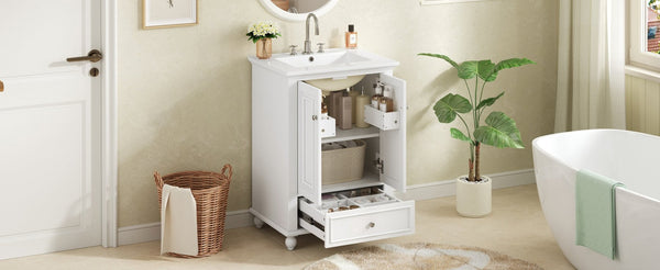 English Elm 24'' French Style Bathroom Vanity with Ceramic Sink Soft Close Cabinet and Drawer White N710P411227K