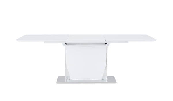 English Elm AUDI Dining Table in White Solid Wood & MDF with High Gloss Finish, Self-Storing Leaf, Seats 6, Sturdy B201S00027