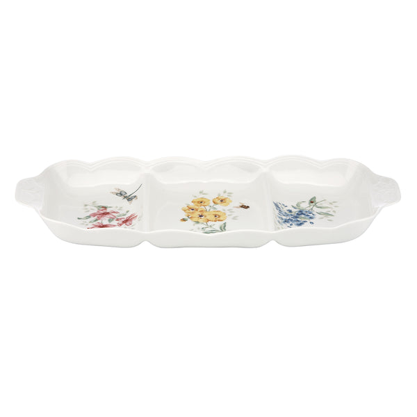 Lenox Butterfly Meadow Porcelain Divided Serving Dish with Hand-painted Garden Scenes 820584