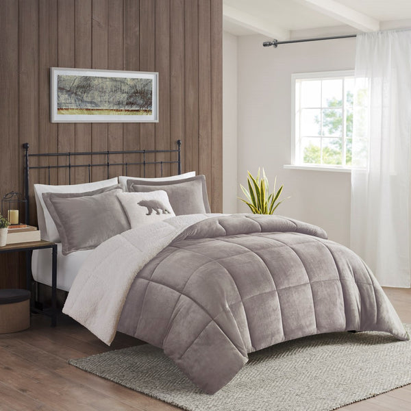 English Elm King Alton Plush-to-Sherpa Down Alternative Comforter Set — Reversible Cozy Berber, Hypoallergenic, OEKO-TEX Certified, Machine Washable Grey+Ivory 22.44 L x 20.87 W x 15.35 H B035100469