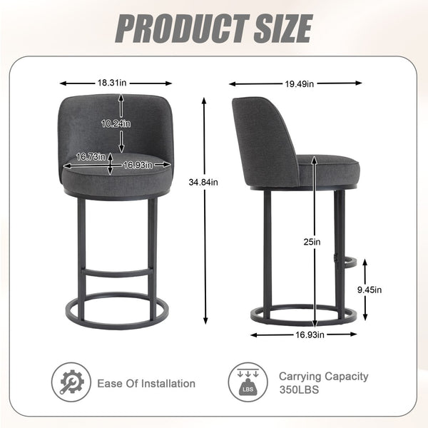 English Elm Counter Height Barstools Set of 2 Linen Upholstered Barrel Seat with Iron Legs Gray W395P410436