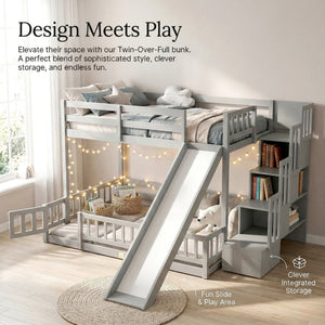 English Elm Twin Over Full Bunk Bed Solid Pine Frame with Built-in Slide and Storage Staircase Grey W504S00289