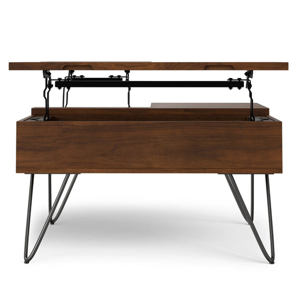 English Elm Hunter Solid Wood Lift Top Square Table with Gold Hairpin Legs and Hidden Storage B136P429092