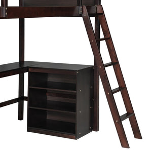 English Elm Twin Loft Bed with Built-in Desk and Open Shelves Solid Pine Kids Study Sleep Espresso LT001537AAP-1