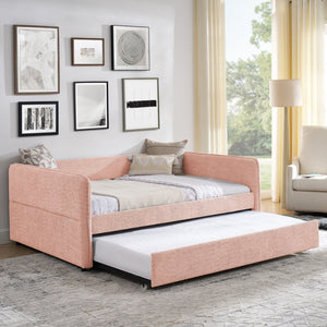 English Elm Full Size Boucle Daybed with Pop up Trundle Tufted Upholstered Sofa Sleeping Pink W1413S00175