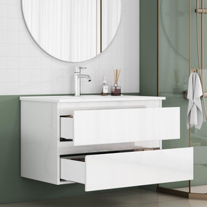 English Elm 31.5-inch Modern Bathroom Vanity with Integrated Ceramic Basin, Soft-Close Drawers, Black Accents Glossy White 35.04 L x 21.06 W x 6.89 H W3151S00064