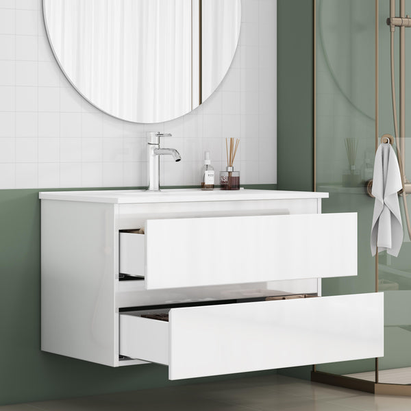 English Elm 31.5-inch Modern Bathroom Vanity with Integrated Ceramic Basin, Soft-Close Drawers, Black Accents Glossy White 35.04 L x 21.06 W x 6.89 H W3151S00064