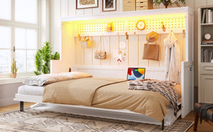English Elm Full Murphy Bed with Fold Down Desk Led Lighting and Usb Port for Studio Spaces White W1580S00454