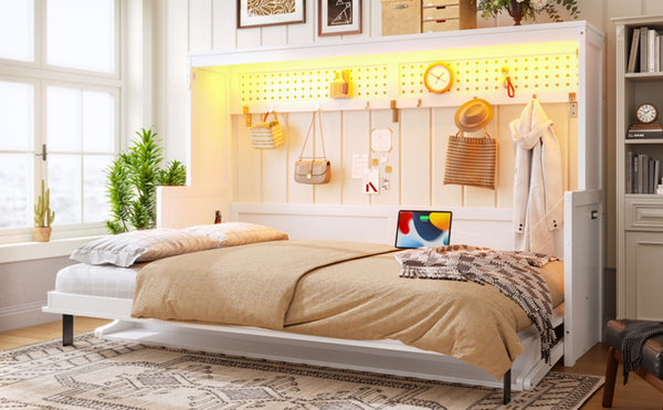 English Elm Full Murphy Bed with Fold Down Desk Led Lighting and Usb Port for Studio Spaces White W1580S00454