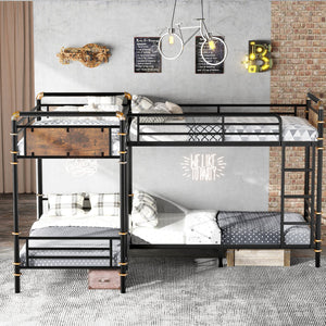 English Elm Quad Quad Bunk Bed for 4 Kids - Heavy Duty Metal Twin Frame, Detachable Triple Layout, Rustic Black Wood Finish, 250lb Capacity Each, Space-Saving Modular Design W2580S00020