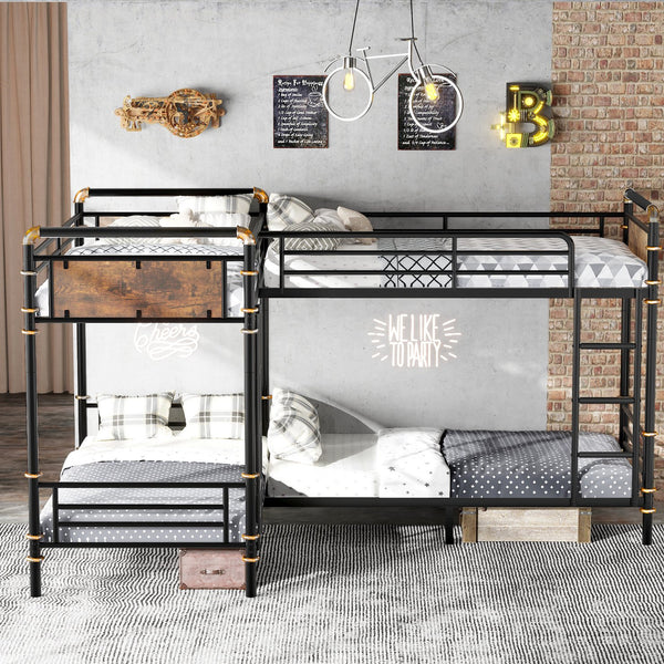 English Elm Quad Quad Bunk Bed for 4 Kids - Heavy Duty Metal Twin Frame, Detachable Triple Layout, Rustic Black Wood Finish, 250lb Capacity Each, Space-Saving Modular Design W2580S00020