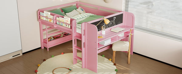 English Elm Twin Low Loft Bed Solid Pine Frame Kids Study Desk Blackboard Storage White Pink W1580S00300
