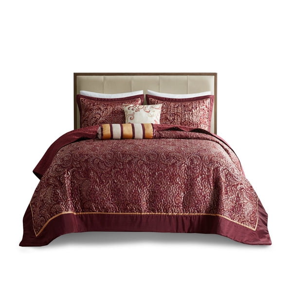 English Elm 5 Piece Aubrey Reversible Jacquard Bedspread Set King with Paisley Motif, Gold Sheen, Quilted Elegance Burgundy 22.83 L x 18.11 W x 8.27 H B03597643