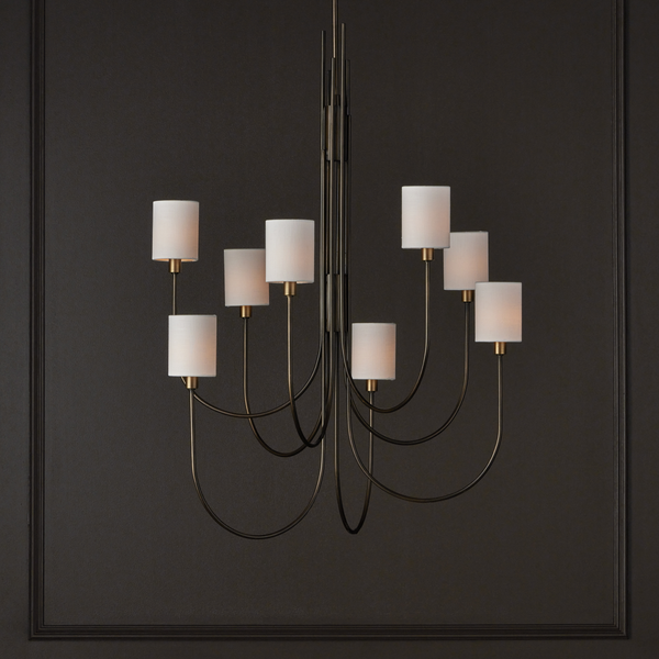 Archetype Chandelier - Statuary Bronze Elegance with Off-White Linen Shades for Contemporary Spaces