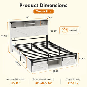 English Elm Farmhouse Queen Size Bed Frame With Integrated Storage, Usb Charging, Rgb Led Lights & Charming White Finish W1550P343690