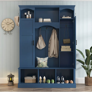 English Elm On-trend Farmhouse Hall Tree with Dual Cabinets Seven Hooks and Arched Entryway Storage Blue N721S000078C