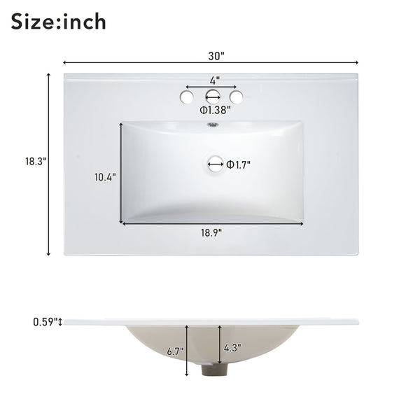 English Elm 30" Modern Bathroom Vanity with Ceramic Sink and Soft-Close Doors, Solid Wood MDF Build, Sleek Handles Gray N729P263155E