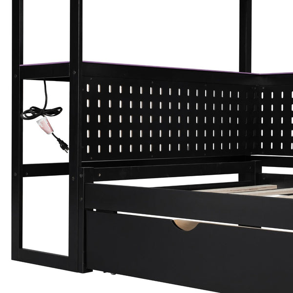 English Elm Twin Gaming Daybed with Led Strips Desk Pegboard Bookcase and Three Storage Drawers Purple+Black N820S00083I