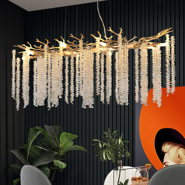 English Elm 39-Inch Modern Golden Pendant Light With Cascading Crystals - Luxurious Fixture For Living Spaces W2312P374974