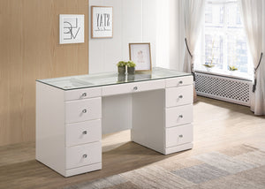 English Elm 1pc Glam Makeup Vanity Table with Glass Top and 9 Drawers Knobs – Sleek Wooden Bedroom Furniture White 59.96 L x 25.87 W x 2 H B2741S00134