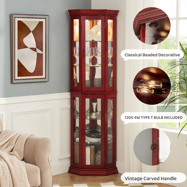 English Elm Lighted Corner Curio Cabinet - Elegant Glass Display With Adjustable Shelves & Ambient Lighting In Cherry W1758P300138