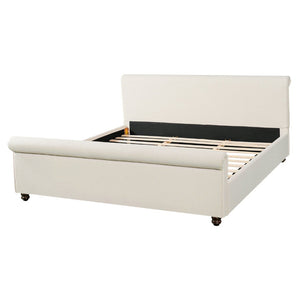 English Elm King Upholstered Bed Linen Fabric Rolled Headboard Rubberwood Legs Primary Bedroom Beige N757K384825I