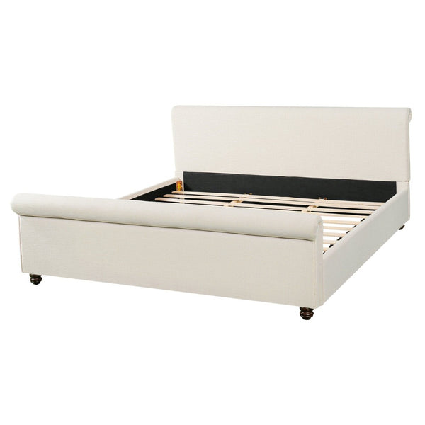 English Elm King Upholstered Bed Linen Fabric Rolled Headboard Rubberwood Legs Primary Bedroom Beige N757K384825I