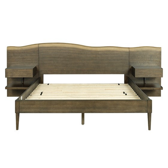 English Elm Platform Queen Bed with Live-Edge Headboard, Built-In Nightstands & Drawers, Dark Coffee Finish 600lb Capacity B035S00059
