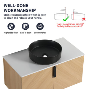English Elm 36" Bathroom Vanity With Ceramic Vessel Sink & White Stone Top - Modern Wall-Mounted Design, Soft-Close Doors W999S00449