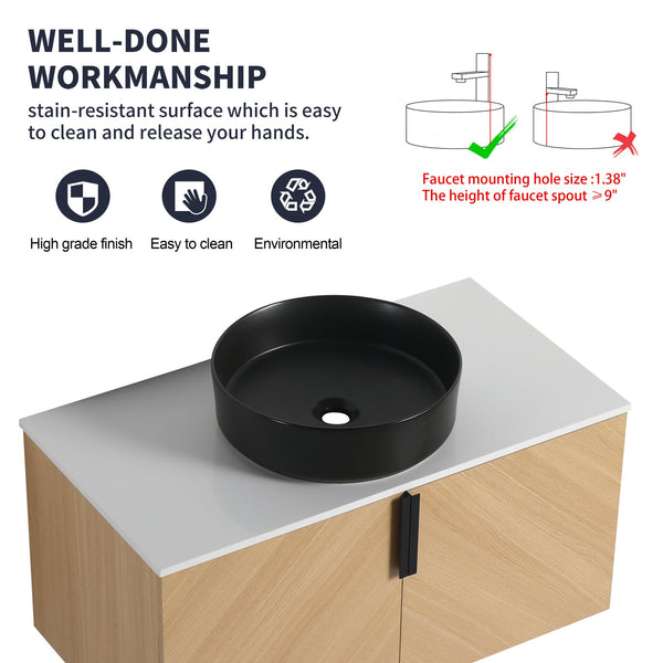 English Elm 36" Bathroom Vanity With Ceramic Vessel Sink & White Stone Top - Modern Wall-Mounted Design, Soft-Close Doors W999S00449