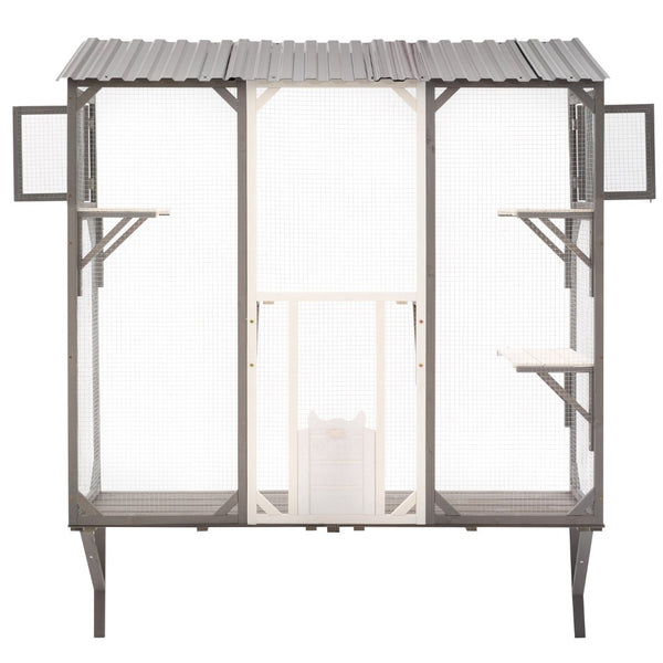 English Elm Outdoor Fir Wood Window Catio Enclosure with Four Climbing Platforms for Cats Grey,White N719P418371K