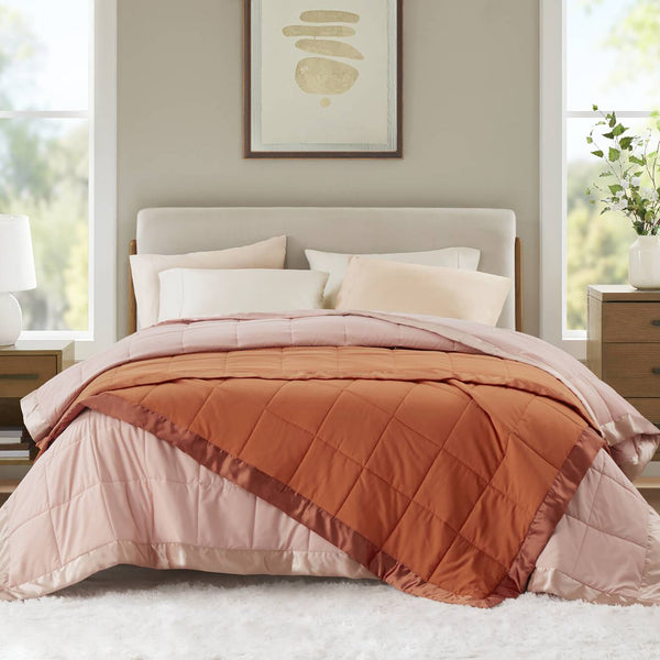 JLA Home Madison Park - Lightweight Cozy Down Alternative Blanket with Satin Trim, Moisture-Wicking, Hypoallergenic Comfort Orange MP51-8650