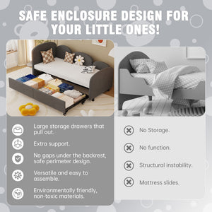 English Elm Twin Flower Shape Velvet Daybed with Storage Drawer, Modern Kids Sofa Bed Frame for Bedroom Dark Gray W395S00114