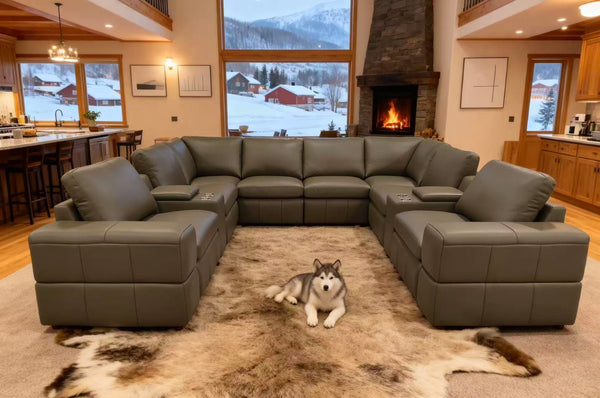 English Elm Premium Leather Match Sectional with Dual Recliners Square Arms and Console Storage Olive Green B2748S00148