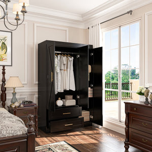 English Elm Shaker Three Door Wardrobe Armoire with Hanging Rod and Shelves for Bedroom Black T3210S00006