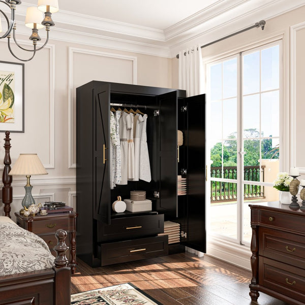 English Elm Shaker Three Door Wardrobe Armoire with Hanging Rod and Shelves for Bedroom Black T3210S00006
