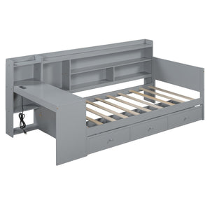 English Elm Twin Size Multifunctional Wooden Daybed With Usb Ports, Desk & 3 Storage Drawers In Gray Finish N820S00017E-GIGA