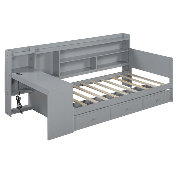 English Elm Twin Size Multifunctional Wooden Daybed With Usb Ports, Desk & 3 Storage Drawers In Gray Finish N820S00017E-GIGA