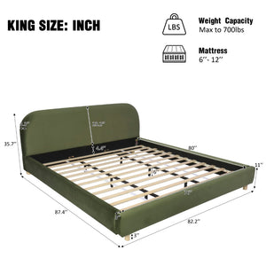 English Elm King Platform Bed Curved Boucle Upholstered Headboard Solid Rubberwood Legs Modern Bedroom N757P411870V